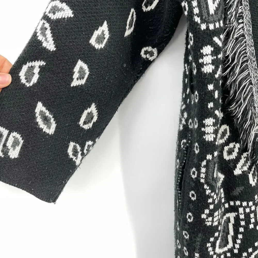 Made in Italy | Black White Paisley Jacquard Knit Fringe Cardigan *no belt* S